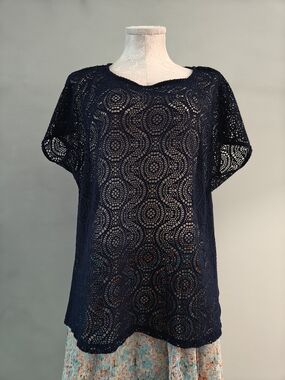 Women's Navy Blue Crochet Lace Blouse Large Layering Sheer Feminine Romantic